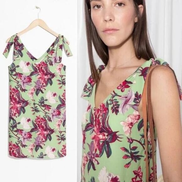 & OTHER STORIES Shoulder Tie Floral Lightweight V Neck Mini Dress Sz 12 - Picture 2 of 7